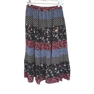 Bohemian Tiered Floral Prairie Midi Skirt Americana Modest Broomskirt Large